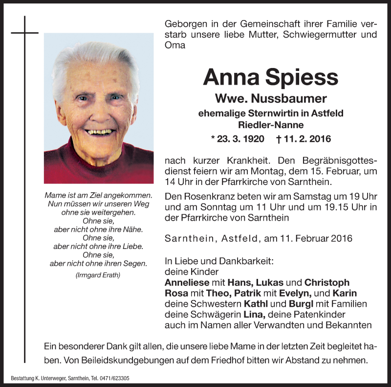  Traueranzeige für Anna Nussbaumer vom 13.02.2016 aus Dolomiten