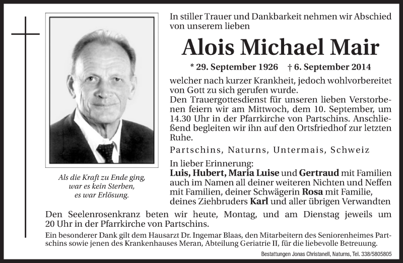  Traueranzeige für Alois Michael Mair vom 08.09.2014 aus Dolomiten