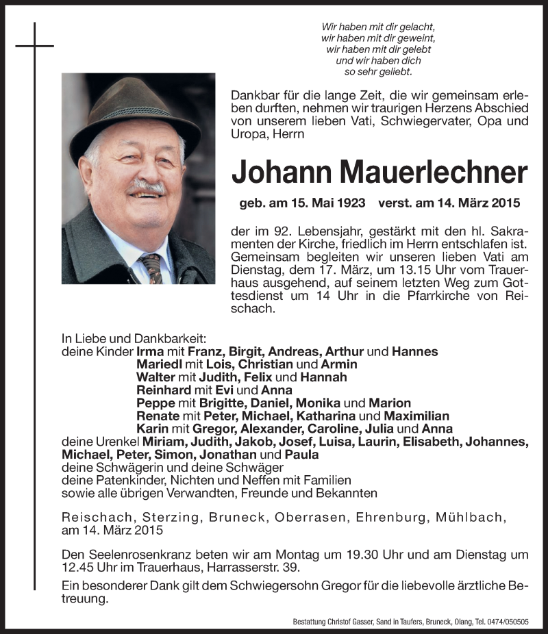  Traueranzeige für Johann Mauerlechner vom 16.03.2015 aus Dolomiten