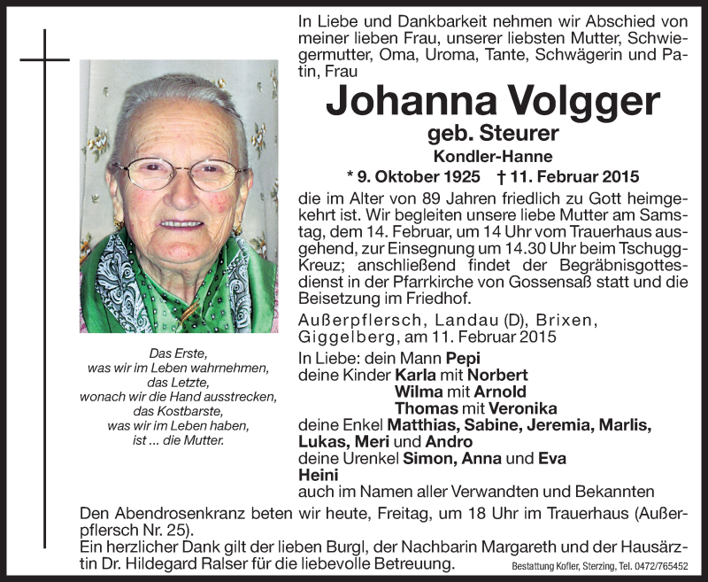  Traueranzeige für Johanna Volgger vom 13.02.2015 aus Dolomiten