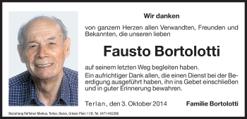 Traueranzeige von Fausto Bortolotti von Dolomiten