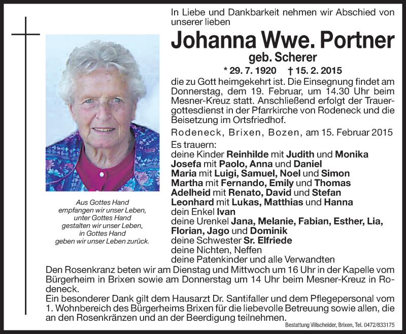  Traueranzeige für Johanna Portner vom 17.02.2015 aus Dolomiten