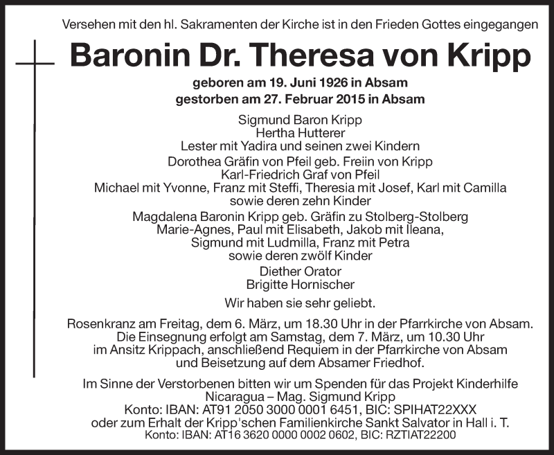  Traueranzeige für Theresa von Kripp vom 02.03.2015 aus Dolomiten