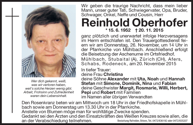  Traueranzeige für Reinhold Oberhofer vom 24.11.2015 aus Dolomiten