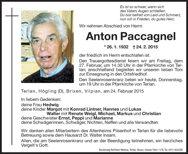  Traueranzeige für Anton Paccagnel vom 26.02.2015 aus Dolomiten