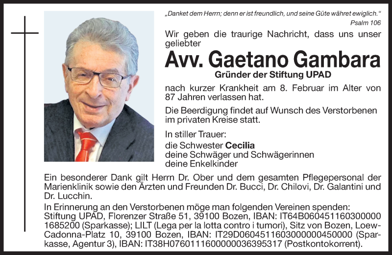  Traueranzeige für Gaetano Gambara vom 10.02.2016 aus Dolomiten