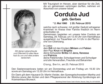 Traueranzeige von Cordula Jud von Dolomiten