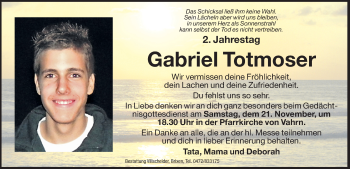 Traueranzeige von Gabriel Totmoser von Dolomiten