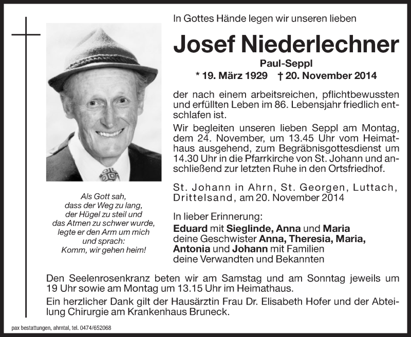  Traueranzeige für Josef Niederlechner vom 22.11.2014 aus Dolomiten