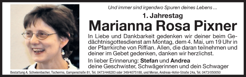  Traueranzeige für Marianna Rosa Pixner vom 30.04.2015 aus Dolomiten