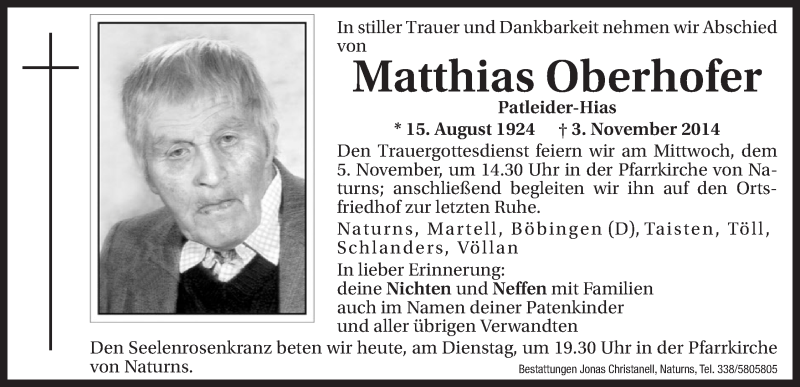  Traueranzeige für Matthias Oberhofer vom 04.11.2014 aus Dolomiten