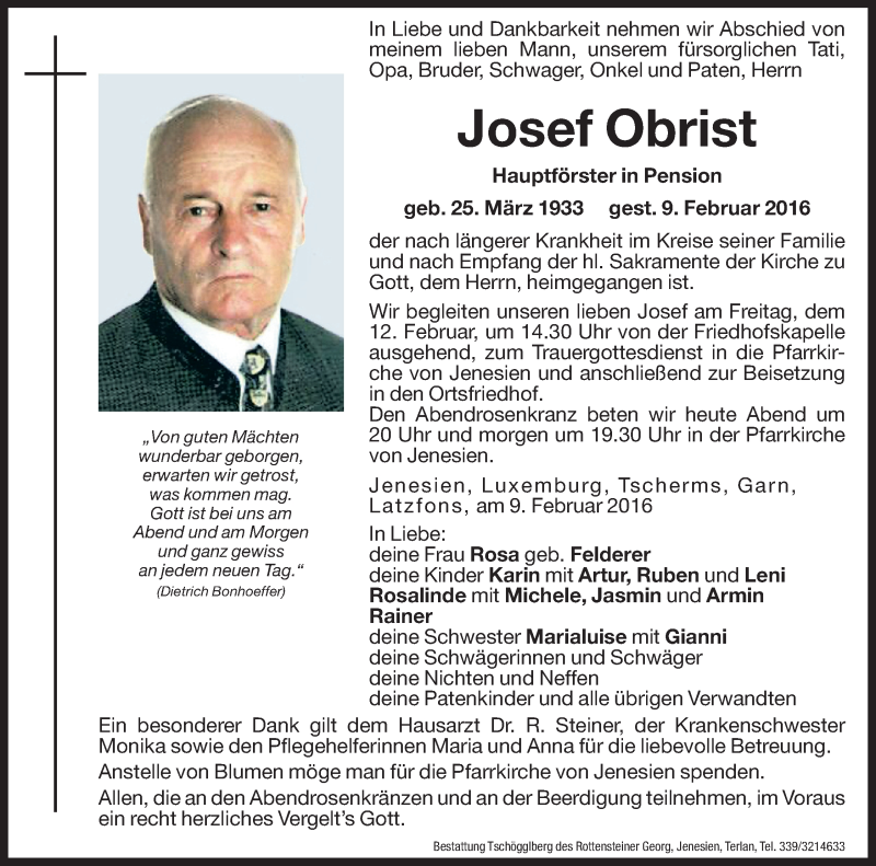  Traueranzeige für Josef Obrist vom 10.02.2016 aus Dolomiten