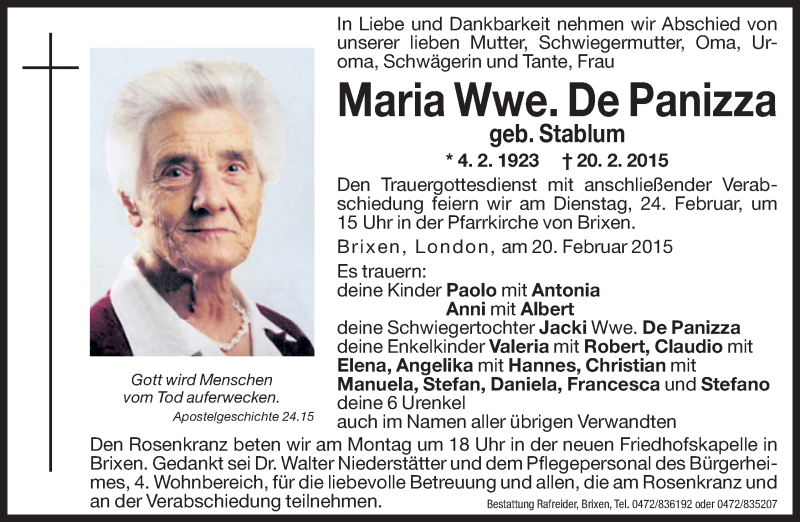  Traueranzeige für Maria De Panizza vom 23.02.2015 aus Dolomiten