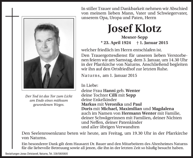  Traueranzeige für Josef Klotz vom 02.01.2015 aus Dolomiten