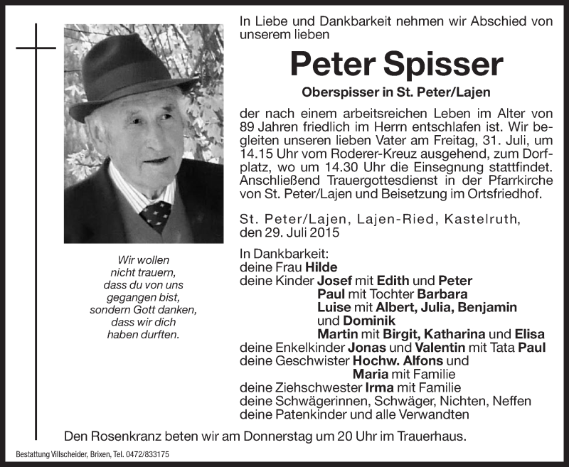  Traueranzeige für Peter Spisser vom 30.07.2015 aus Dolomiten