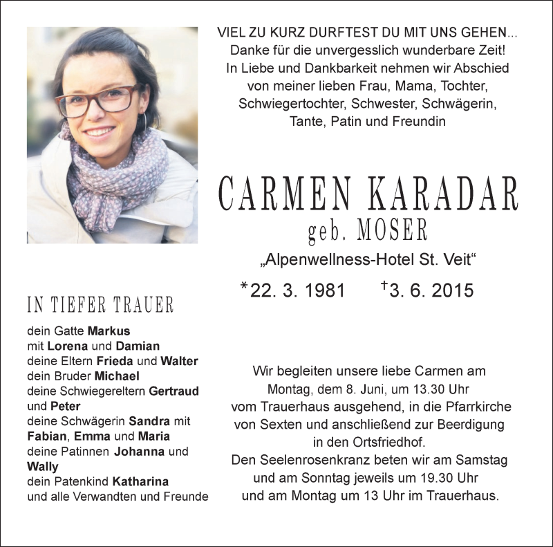  Traueranzeige für Carmen Karadar vom 06.06.2015 aus Dolomiten