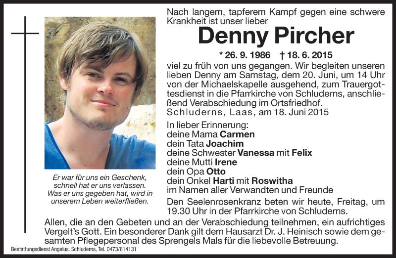 Traueranzeige für Denny Pircher vom 19.06.2015 aus Dolomiten