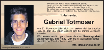 Traueranzeige von Gabriel Totmoser von Dolomiten