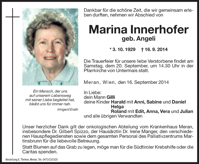  Traueranzeige für Marina Innerhofer vom 19.09.2014 aus Dolomiten