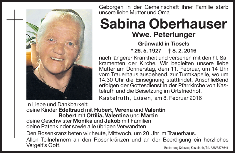  Traueranzeige für Sabina Peterlunger vom 10.02.2016 aus Dolomiten