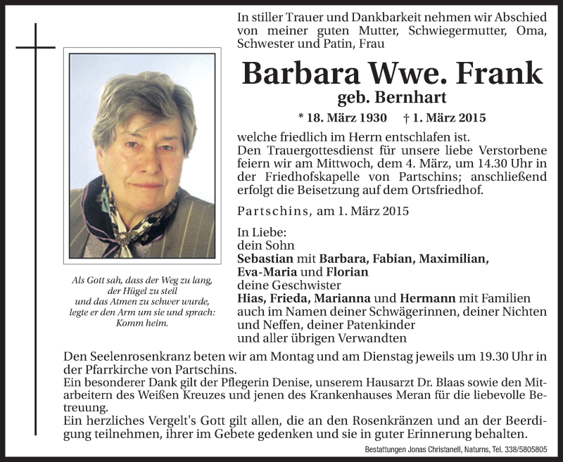  Traueranzeige für Barbara Frank vom 02.03.2015 aus Dolomiten