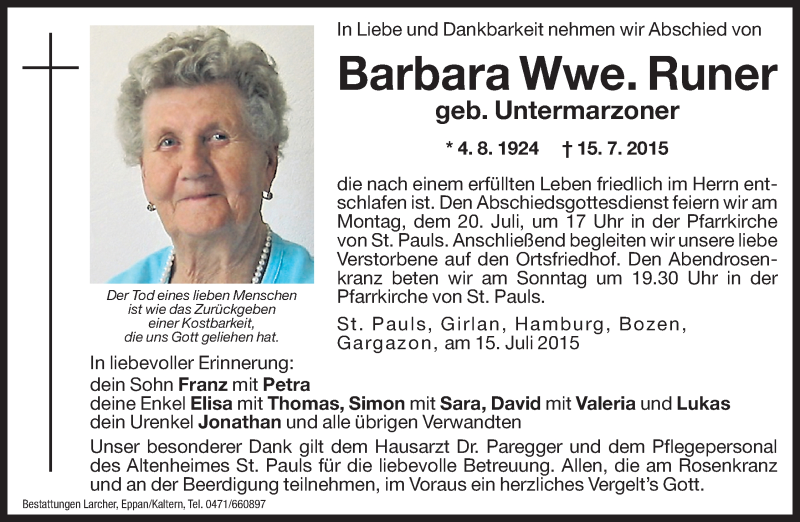  Traueranzeige für Barbara Runer vom 16.07.2015 aus Dolomiten
