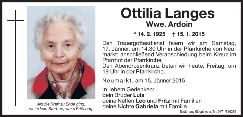  Traueranzeige für Ottilia Ardoin vom 16.01.2015 aus Dolomiten