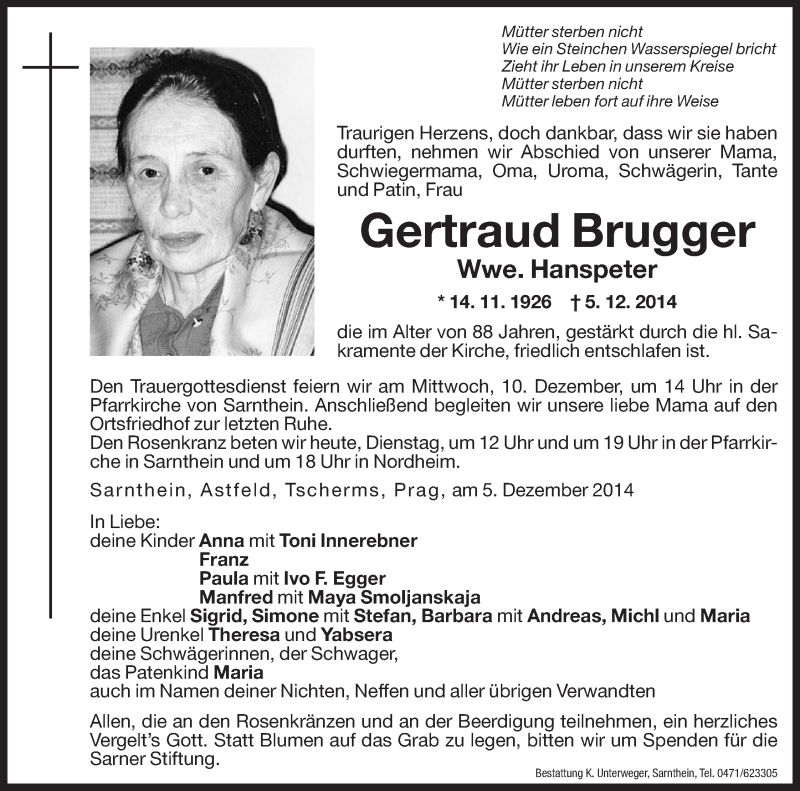  Traueranzeige für Gertraud Brugger vom 09.12.2014 aus Dolomiten