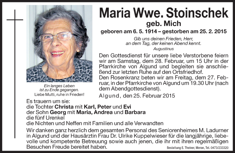  Traueranzeige für Maria Stoinschek vom 27.02.2015 aus Dolomiten