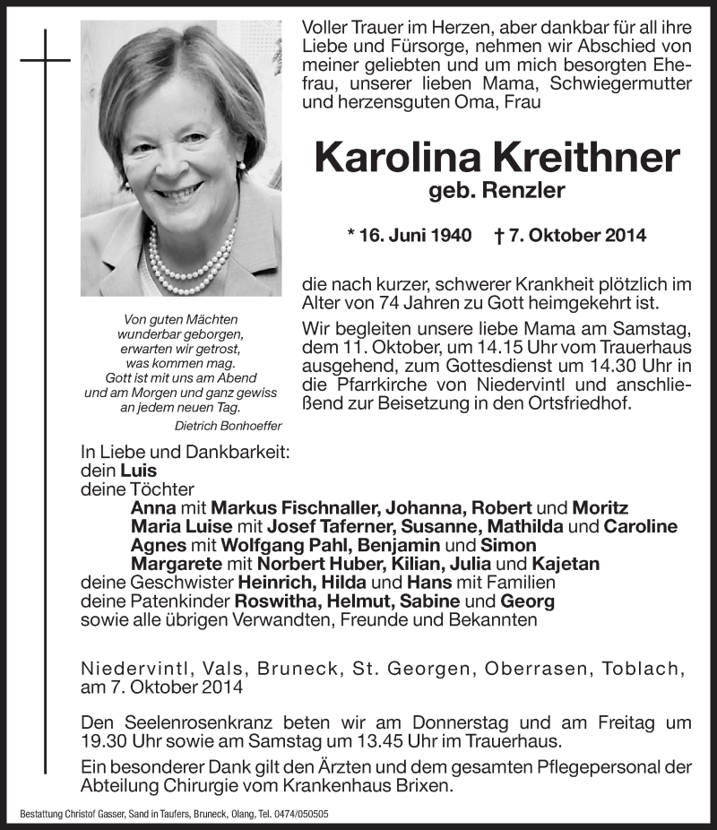  Traueranzeige für Karolina Kreithner vom 09.10.2014 aus Dolomiten