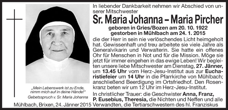  Traueranzeige für Maria Pircher vom 26.01.2015 aus Dolomiten