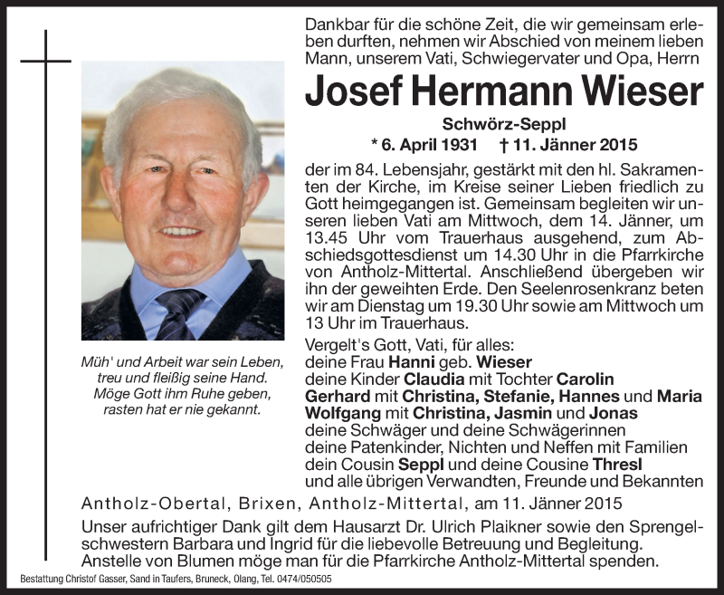  Traueranzeige für Josef Hermann Wieser vom 13.01.2015 aus Dolomiten