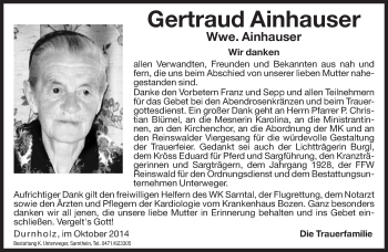 Traueranzeige von Gertraud Ainhauser von Dolomiten