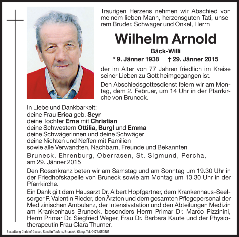  Traueranzeige für Wilhelm Arnold vom 31.01.2015 aus Dolomiten