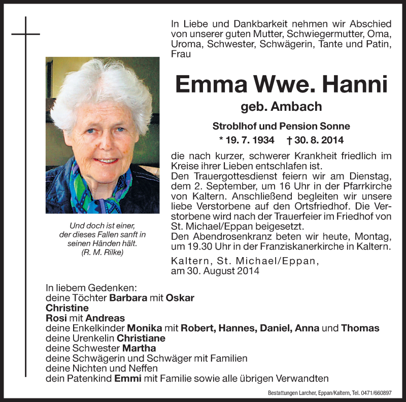  Traueranzeige für Emma Hanni vom 01.09.2014 aus Dolomiten