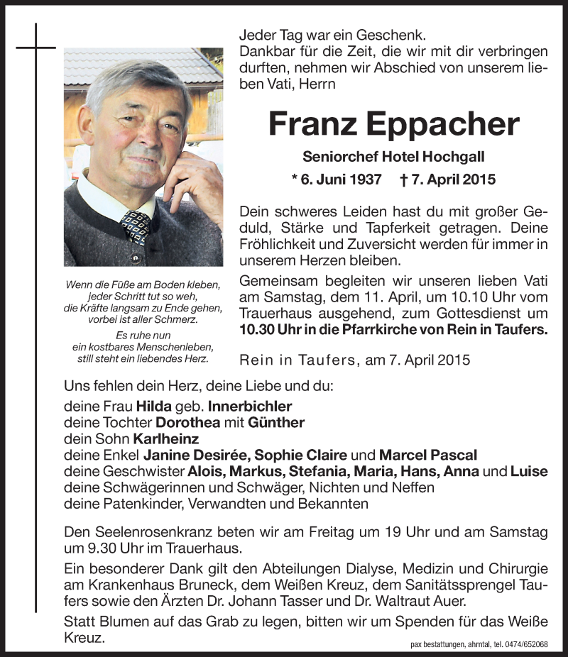  Traueranzeige für Franz Eppacher vom 10.04.2015 aus Dolomiten