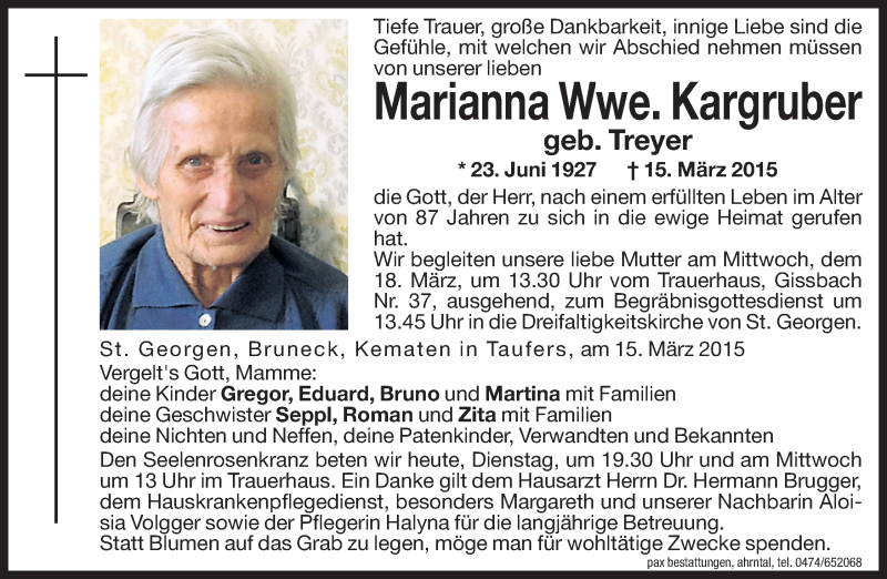  Traueranzeige für Marianna Kargruber vom 17.03.2015 aus Dolomiten