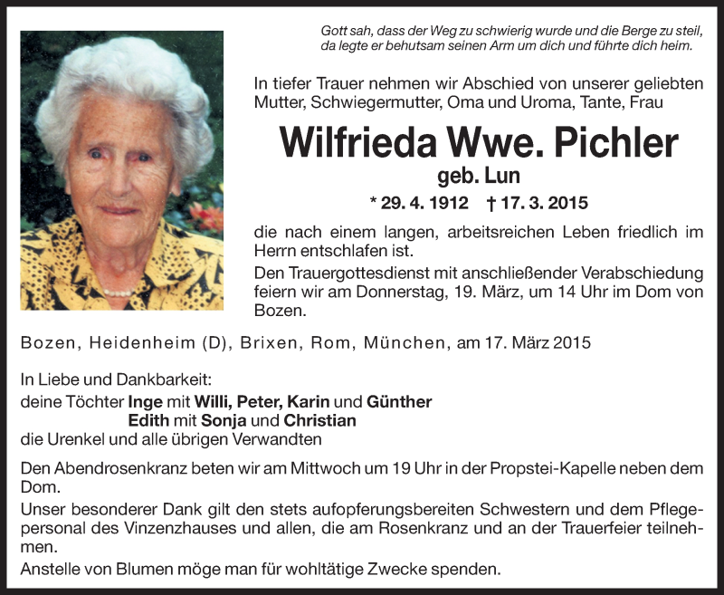  Traueranzeige für Wilfrieda Pichler vom 18.03.2015 aus Dolomiten