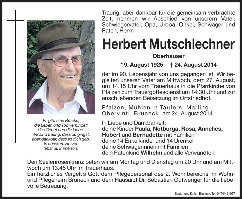  Traueranzeige für Herbert Mutschlechner vom 25.08.2014 aus Dolomiten