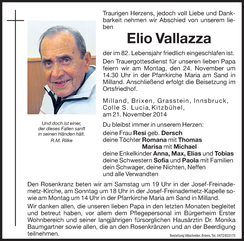  Traueranzeige für Elio Vallazza vom 22.11.2014 aus Dolomiten