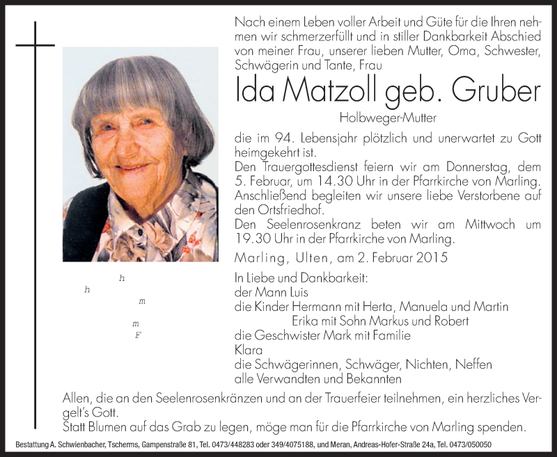  Traueranzeige für Ida Matzoll vom 04.02.2015 aus Dolomiten