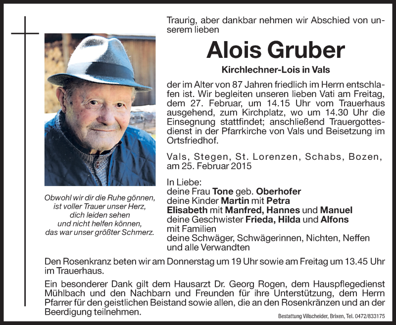  Traueranzeige für Alois Gruber vom 26.02.2015 aus Dolomiten