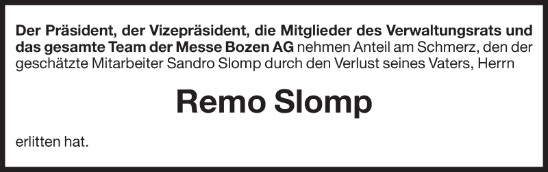  Traueranzeige für Remo Slomp vom 14.01.2015 aus Dolomiten