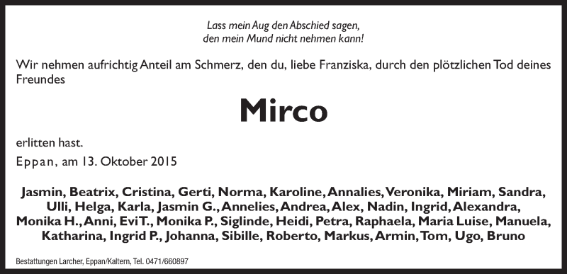  Traueranzeige für Mirco  vom 14.10.2015 aus Dolomiten