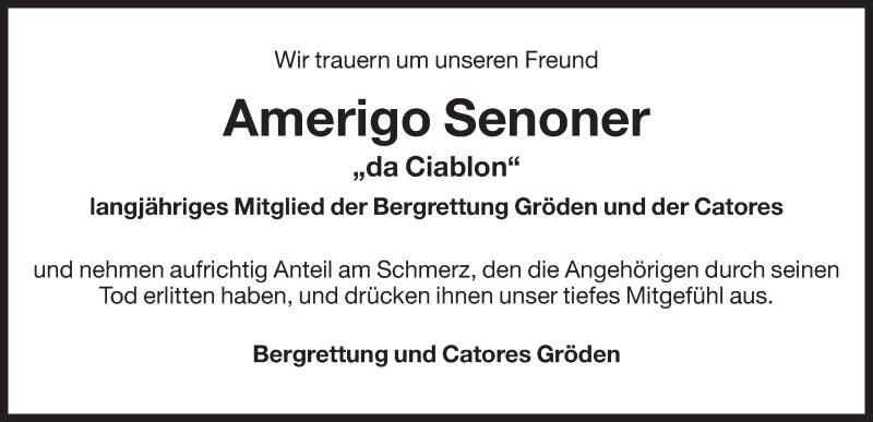  Traueranzeige für Amerigo Senoner vom 03.09.2015 aus Dolomiten
