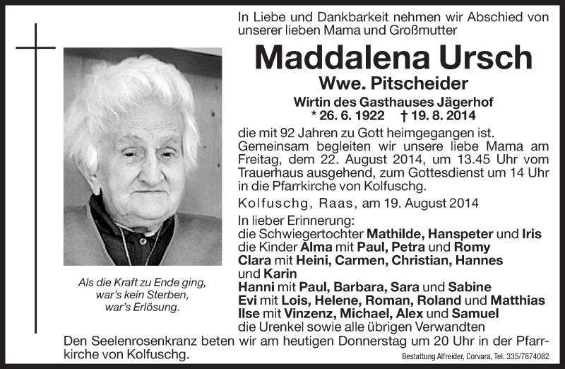  Traueranzeige für Maddalena Pitscheider vom 21.08.2014 aus Dolomiten