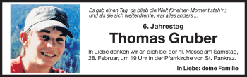 Traueranzeige von Thomas Gruber von Dolomiten