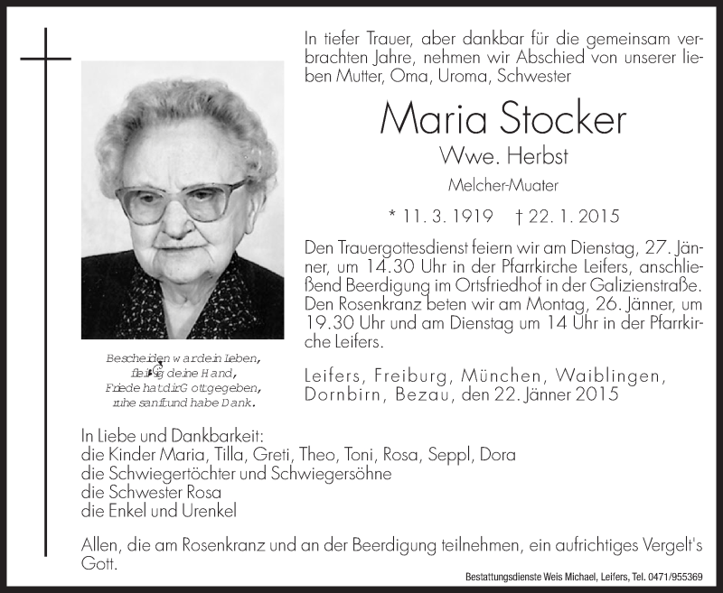  Traueranzeige für Maria Stocker vom 24.01.2015 aus Dolomiten