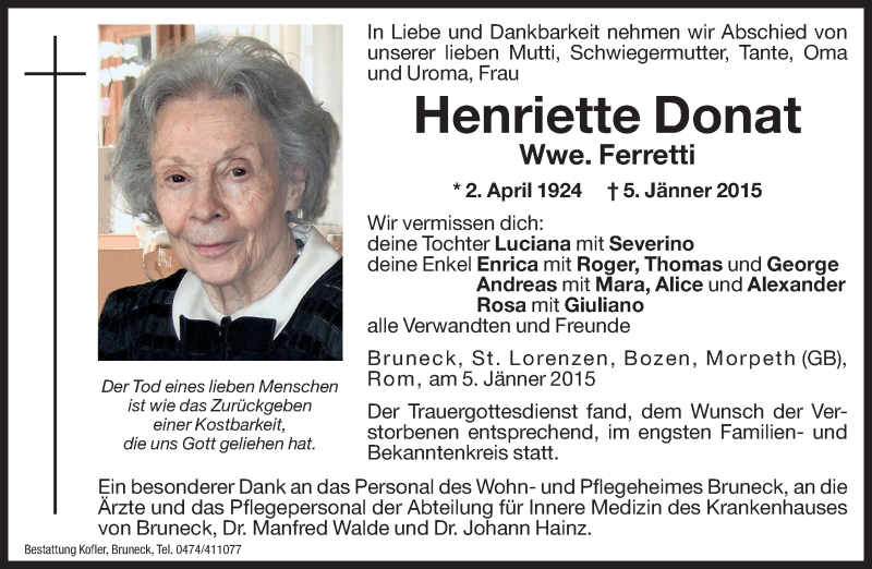  Traueranzeige für Henriette Ferretti vom 09.01.2015 aus Dolomiten