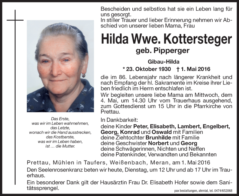  Traueranzeige für Hilda Kottersteger vom 03.05.2016 aus Dolomiten